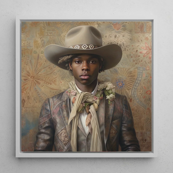 Lysander - Gay Black Dandy Cowboy Art Print / Canvas Framed Portrait Man Beige Cowboy Hat Diamond-patterned Band Dandy Gay Cowboy, Elegant