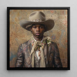 Lysander - Gay Black Dandy Cowboy Art Print / Canvas Framed Portrait Young Man Beige Cowboy Hat Geometric Dandy Gay Cowboy, Elegant