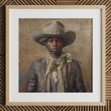 Lysander - Gay Black Dandy Cowboy Art Print / Canvas Cowboy Hat Decorative Band Feather Boa Brown Leather Dandy Gay Cowboy, Elegant