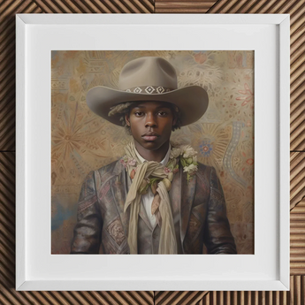 Lysander - Gay Black Dandy Cowboy Art Print / Canvas Cowboy Hat Patterned Band Floral Decoration Brown Leather Dandy Gay Cowboy, Elegant