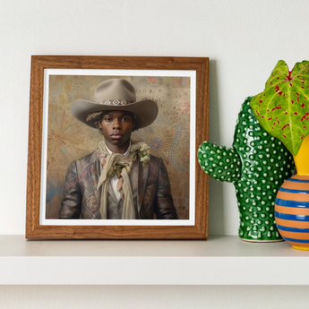 Lysander - Gay Black Dandy Cowboy Art Print / Canvas Square-framed Portrait Man Beige Cowboy Hat Patterned Jacket Dandy Gay Cowboy, Elegant