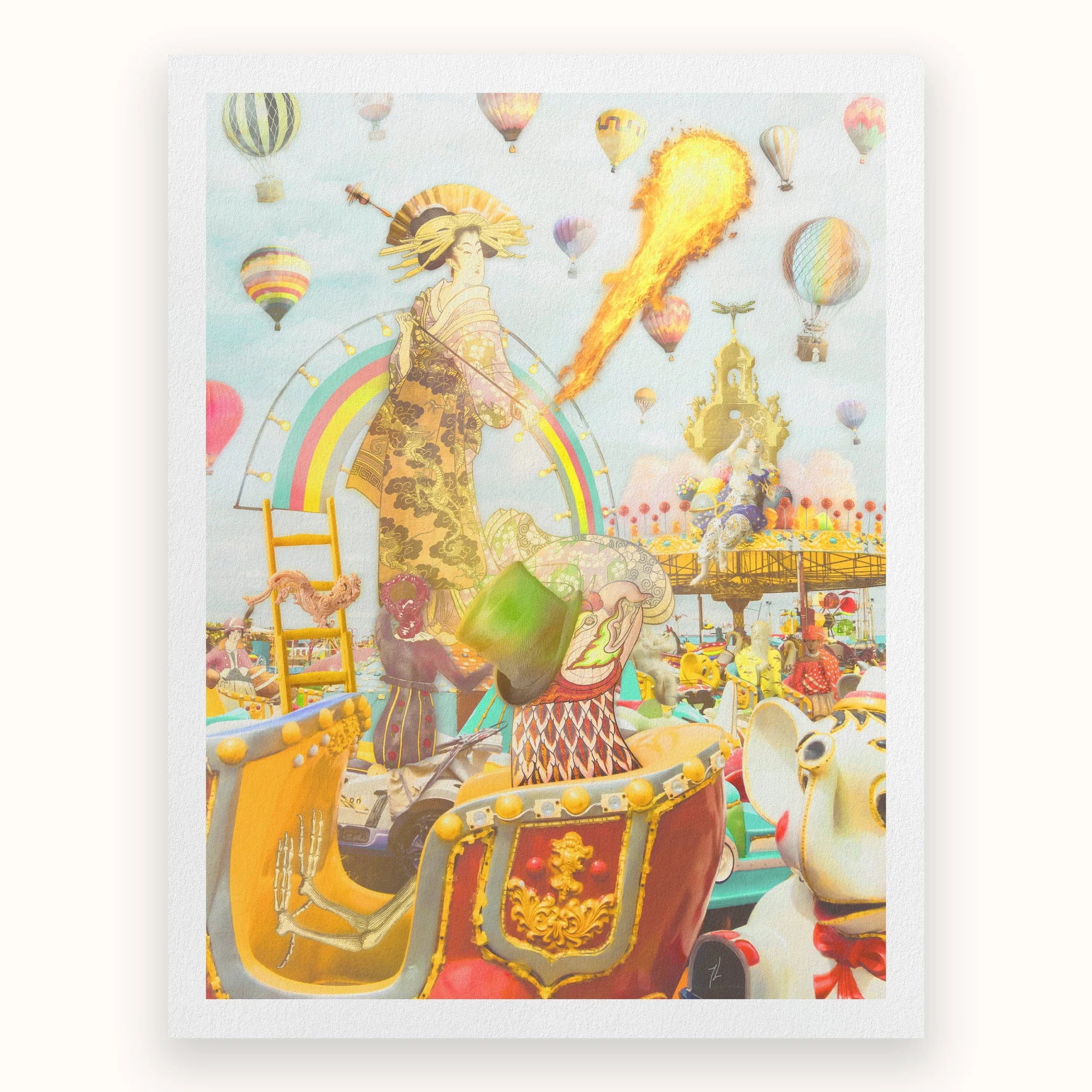 Madame Firefly - Surreal Pop Art Geisha Print, Surreal Colorful Collage Hot Air Balloons Rainbow Carnival