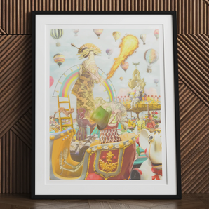 Madame Firefly - Surreal Pop Art Geisha Print, Framed Whimsical Artwork Colorful Hot Air Balloons Fantastical