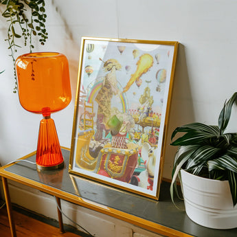 Madame Firefly - Surreal Pop Art Geisha Print Vibrant Orange Glass Table Lamp Flared Base Cylindrical Madame Firefly, Behold Operatic