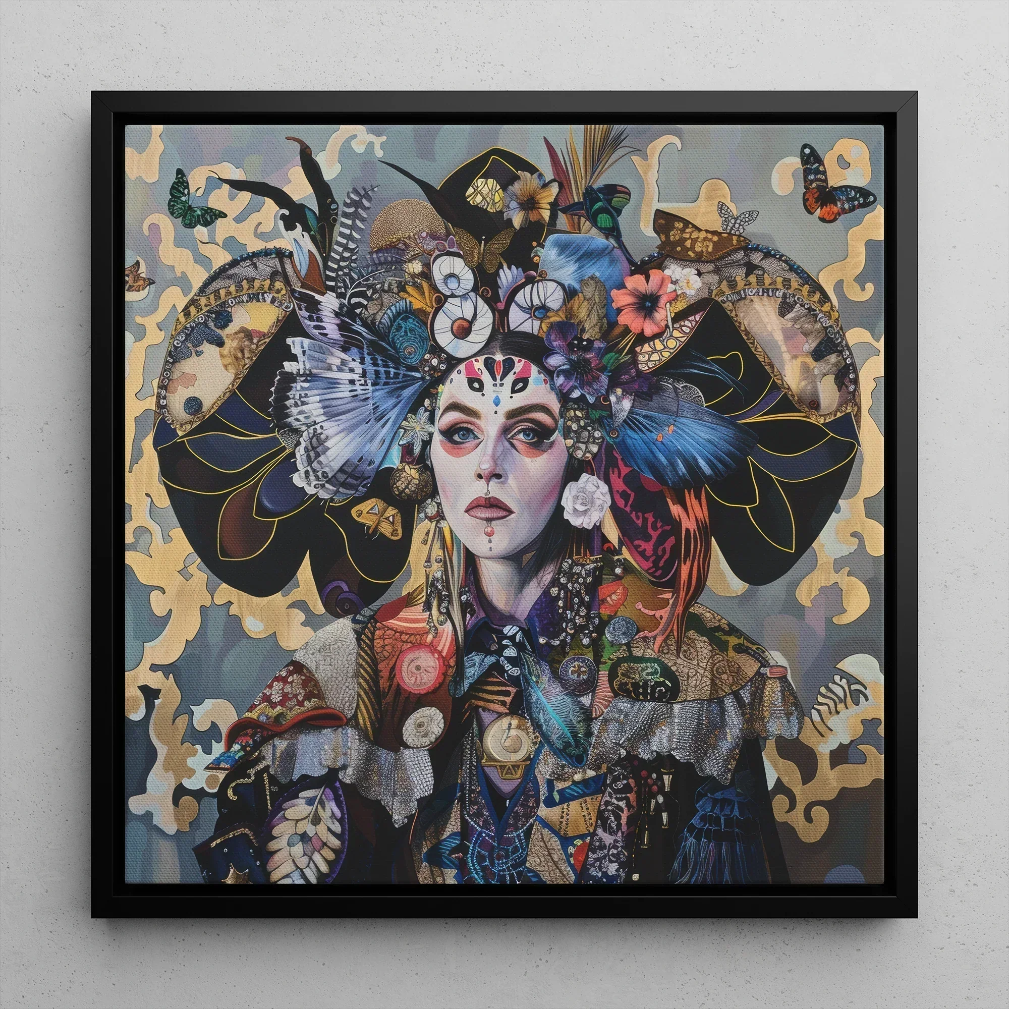 The Magician Surreal Tarot Card Art Framed Canvas, 12x12’’ / 31x31cm / Black Floating Frame, Framed Portrait Woman Elaborate Headdress