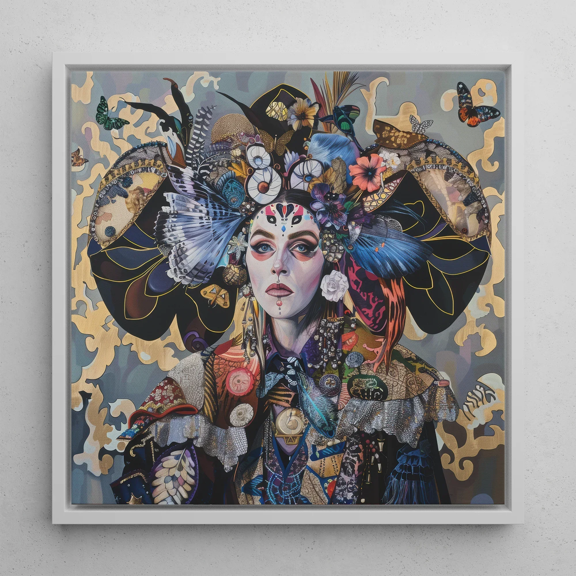 The Magician Surreal Tarot Card Art Framed Canvas, 12x12’’ / 31x31cm / White Floating Frame, Framed Portrait Woman Elaborate Headdress