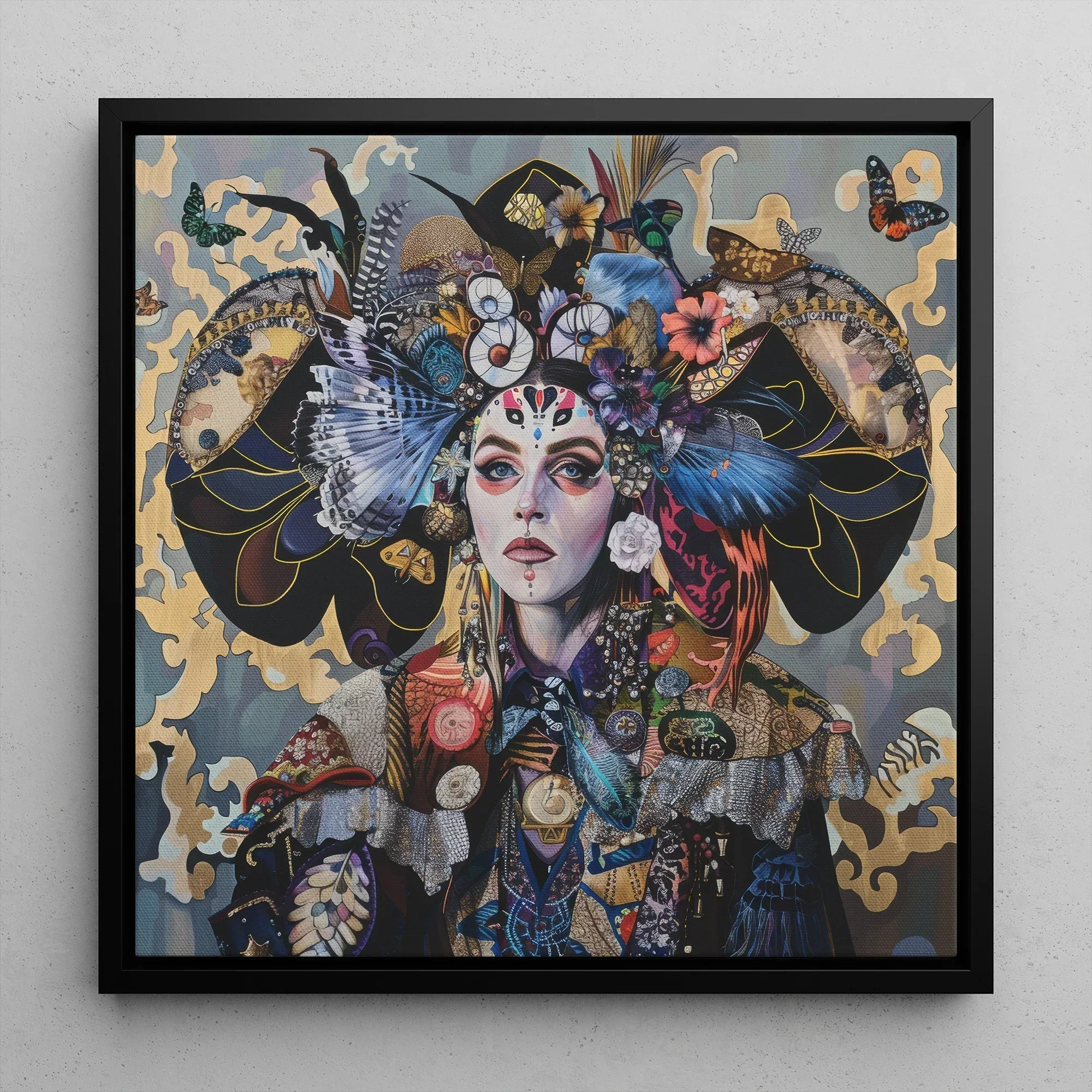The Magician - Surreal Tarot Card Art Framed Canvas, 12’’x12’’ / Black Floating Frame, Framed Portrait Woman Elaborate Headdress