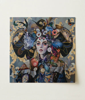Vibrant Square-framed Mixed-media Artwork Woman Adorned Elaborate Headdress Surreal Tarot Card, Dream Spun, Art
