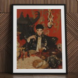 Magnus, gay vampire prince portrait art print in black frame.