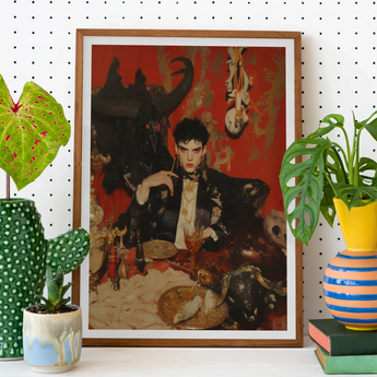 Magnus - Gay Vampire Prince Art Print, Framed Artwork Figure Dark Clothing Seated Table Objects