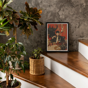 Magnus - Gay Vampire Prince Art Print, Framed Artwork Figure Dark Outfit Red Background