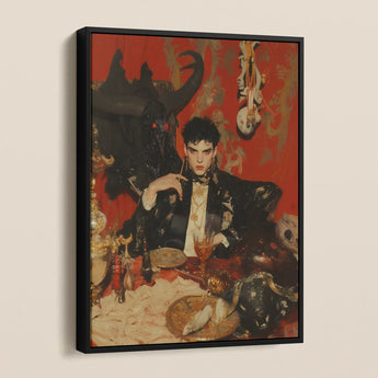Magnus - Gay Vampire Prince Framed Canvas, Framed Painting Dark-haired Figure Black Jacket Gold Necklace