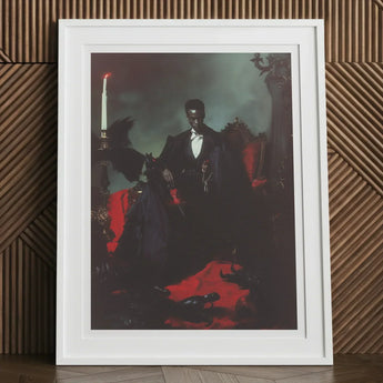 Maharet - Gay Black Vampire Art Print, 12x16’’ / 31x41cm / White Frame / 2’’ Matboard, Framed Painting Dark-skinned Man Suit Dimly Lit