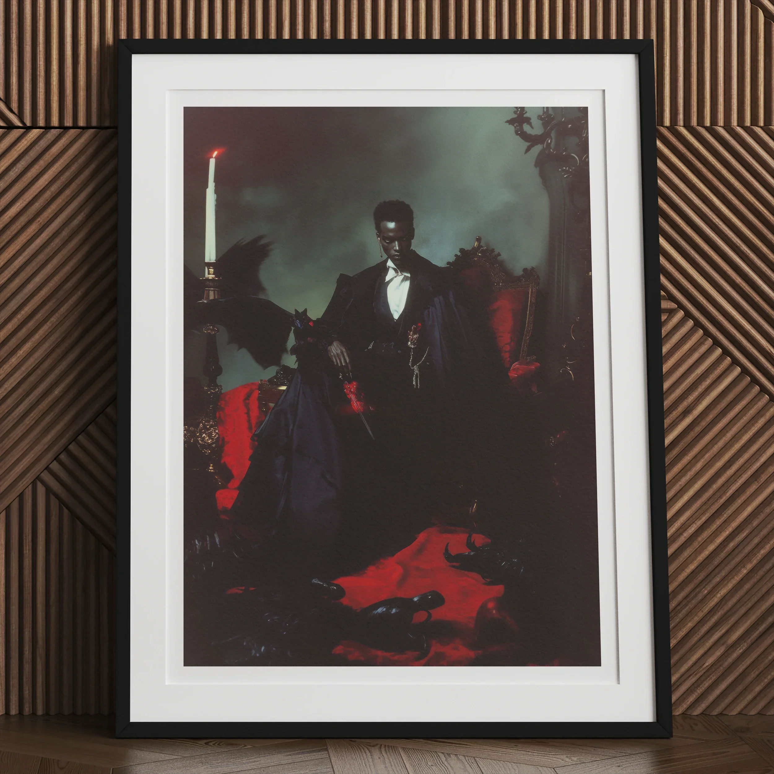 Maharet - Gay Black Vampire Art Print, Framed Artwork Dark Shadowy Figure Suit Amidst Red