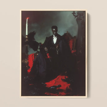 Maharet - Gay Black Vampire Framed Canvas, 12x16’’ / 31x41cm / Natural Floating Frame, Framed Portrait Man Formal Attire Seated Dark