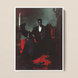 Maharet - Gay Black Vampire Framed Canvas, 12x16’’ / 31x41cm / White Floating Frame, Framed Portrait Dark-skinned Man Suit Chair Red Fabric