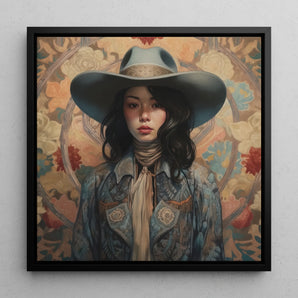 Mahsuri - Japanese Lesbian Cowgirl Framed Canvas, 12x12’’ / 31x31cm / Black Floating Frame, Portrait Young Woman Wide-brimmed Cowboy Hat