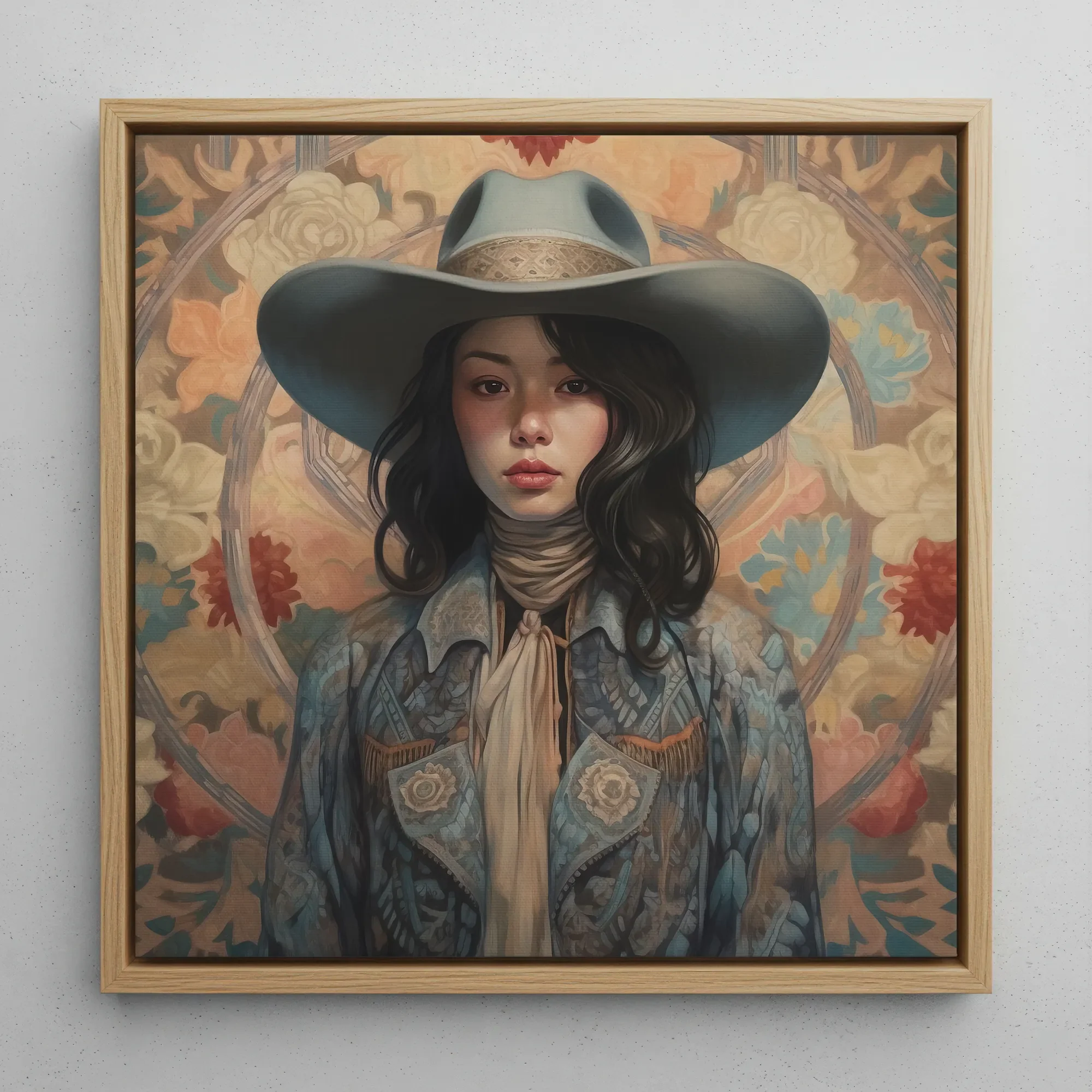 Mahsuri - Japanese Lesbian Cowgirl Framed Canvas, 12x12’’ / 31x31cm / Natural Floating Frame, Framed Painting Young Woman Wide-brimmed Hat