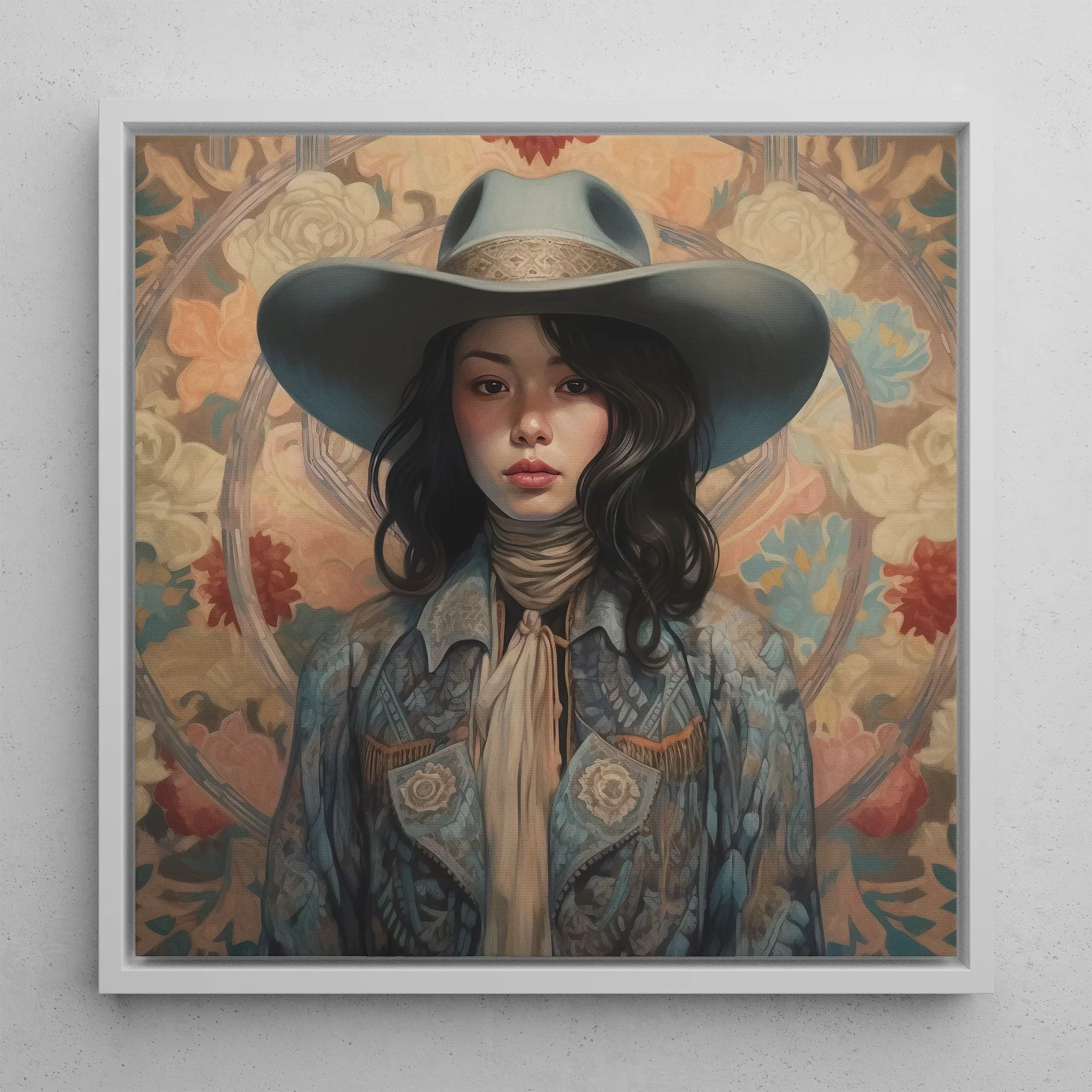 Mahsuri - Japanese Lesbian Cowgirl Framed Canvas, 12x12’’ / 31x31cm / White Floating Frame, Framed Portrait Woman Cowboy Hat