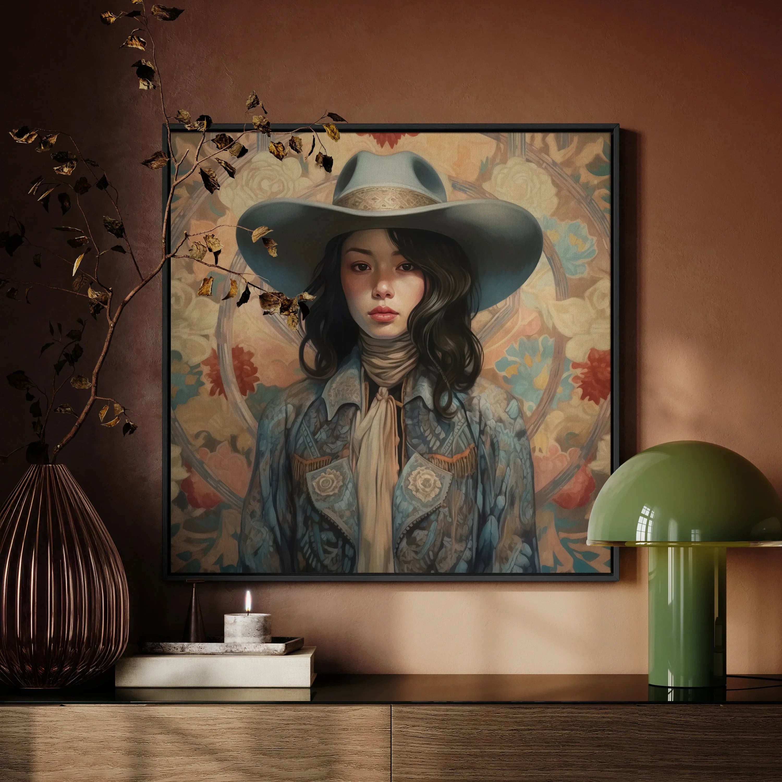 Mahsuri Japanese Lesbian Cowgirl Framed Canvas, Framed Portrait Painting Young Woman Wide Brimmed Hat Denim