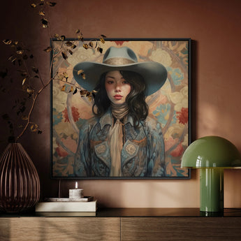 Mahsuri - Japanese Lesbian Cowgirl Framed Canvas, Framed Portrait Painting Young Woman Wide-brimmed Hat Denim