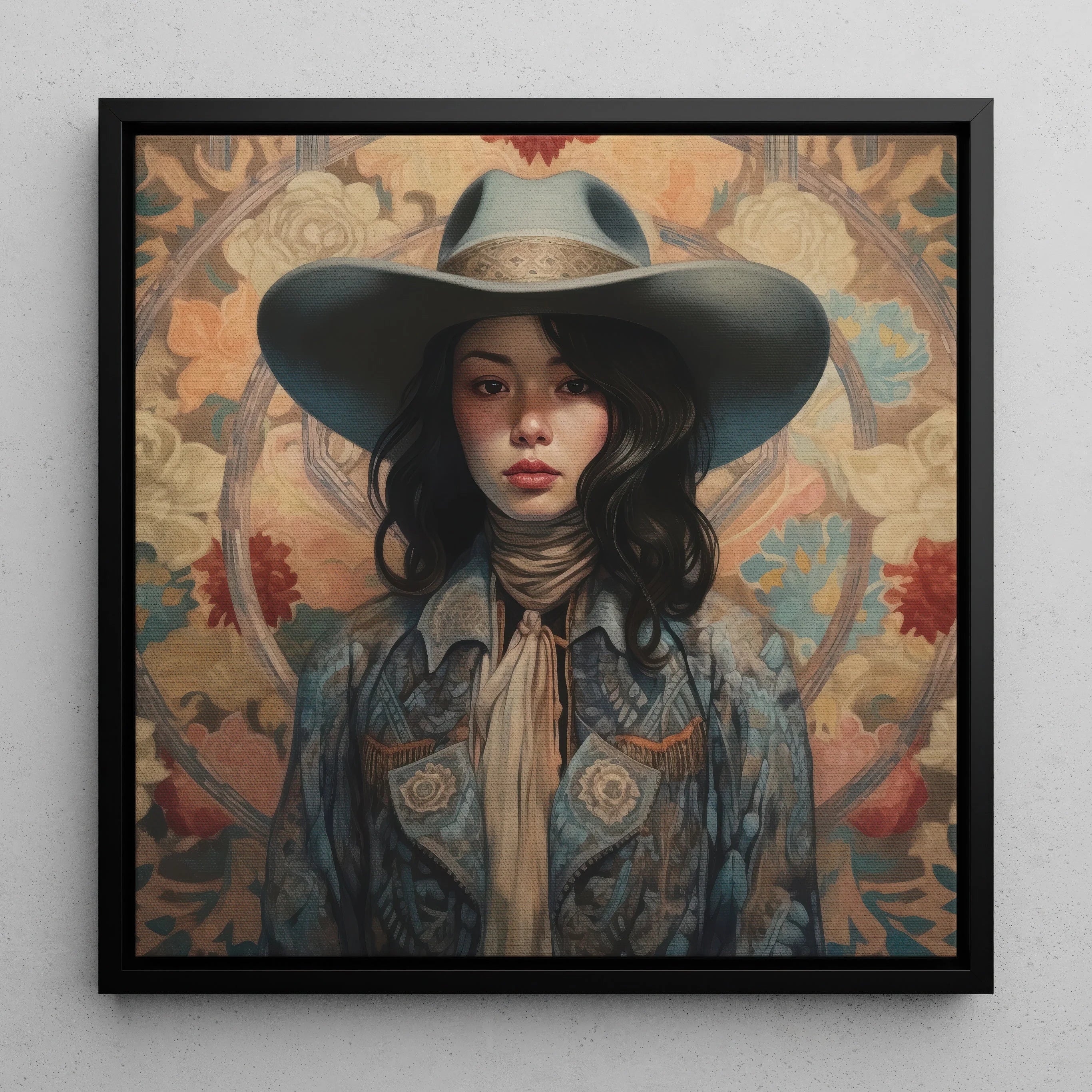 Mahsuri Japanese Lesbian Cowgirl Framed Canvas, Portrait Young Woman Wide Brimmed Cowboy Hat Western Style Clothing