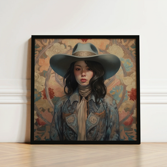 Framed Digital Artwork Woman Wide-brimmed Hat Denim Jacket Elegant Outlaw Reminding, Cowgirl Spirit’s Queer, Japanese Art