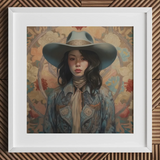 Mahsuri - Lesbian Japanese Cowgirl Art Print / Canvas Blue Denim Jacket Wide-brimmed Hat Badge Framed Artwork Elegant Outlaw Reminding,