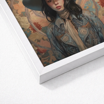 Framed Artwork Woman Dark Hat Patterned Jacket Autumnal Elegant Outlaw Reminding, Cowgirl Spirit’s Queer, Japanese Art
