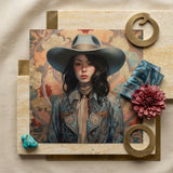 Mahsuri - Lesbian Japanese Cowgirl Art Print / Canvas Square Woman Wide-brimmed Blue Hat Patterned Elegant Outlaw Reminding, Spirit’s
