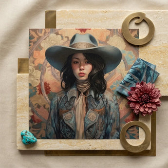 Mahsuri - Lesbian Japanese Cowgirl Art Print / Canvas Square Woman Wide-brimmed Blue Hat Patterned Elegant Outlaw Reminding, Spirit’s