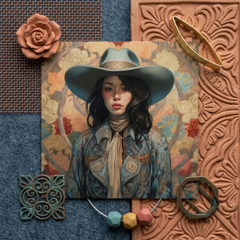 Mahsuri - Lesbian Japanese Cowgirl Art Print / Canvas Square Canvas Print Woman Wide-brimmed Blue Hat Patterned Elegant Outlaw Reminding,
