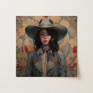 Mahsuri - Lesbian Japanese Cowgirl Art Print / Canvas Square Canvas Print Woman Wide-brimmed Blue Hat Patterned Elegant Outlaw Reminding,