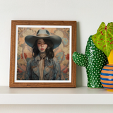 Mahsuri - Lesbian Japanese Cowgirl Art Print, Framed Artwork Figure Wide-brimmed Hat Necktie Muted Floral