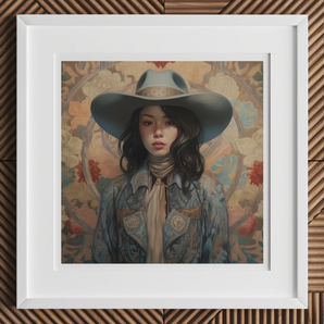 Mahsuri - Lesbian Japanese Cowgirl Art Print, Framed Portrait Painting Wide-brimmed Hat Denim Jacket Beige