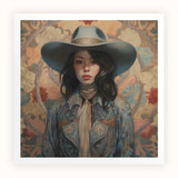 Mahsuri - Lesbian Japanese Cowgirl Art Print, Portrait Painting Wide-brimmed Hat Denim Jacket Floral