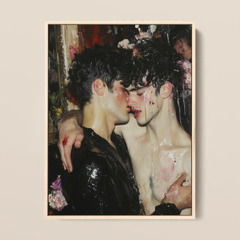 Makeup - Neo-baroque Gay Lovers Framed Canvas, 12x16’’ / 31x41cm / Natural Floating Frame, Painted Portrait Two Young Men Shirtless Blood