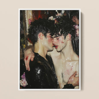 Makeup - Neo-baroque Gay Lovers Framed Canvas, 12x16’’ / 31x41cm / White Floating Frame, Passionate Painting Two Men Elements Blood Water