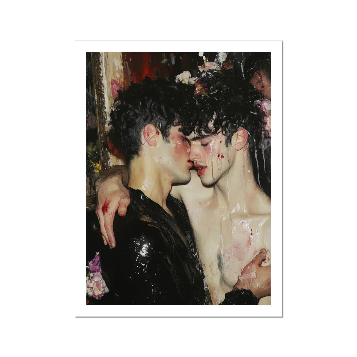 Makeup Neo Baroque Gay Male Couple Art Print, 18x24’’ / 46x61cm / Unframed, Intimate Painted Portrait Two People Close Embrace