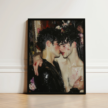 Black-framed Artwork Two Figures Intimate Embrace Rendered Glossy Gay Male Couple, Art, Print