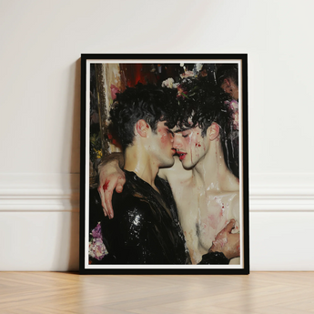 Black-framed Art Print Two Figures Intimate Embrace Adorned Gay Male Couple