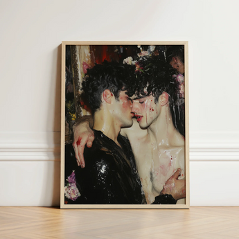 Framed Artwork Two Figures Intimate Embrace Rendered Dark Gay Male Couple, Art, Print
