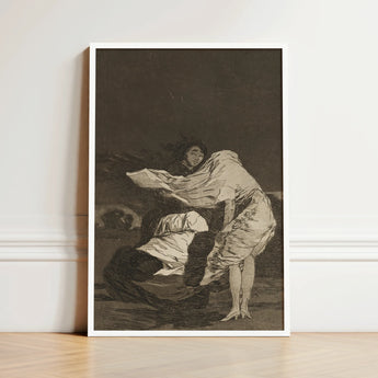 Mala Noche - Francisco De Goya Art Print / Canvas Framed Black-and-white Dramatic Sketch-style Artwork Two Figures, Suffocating Dark Prints