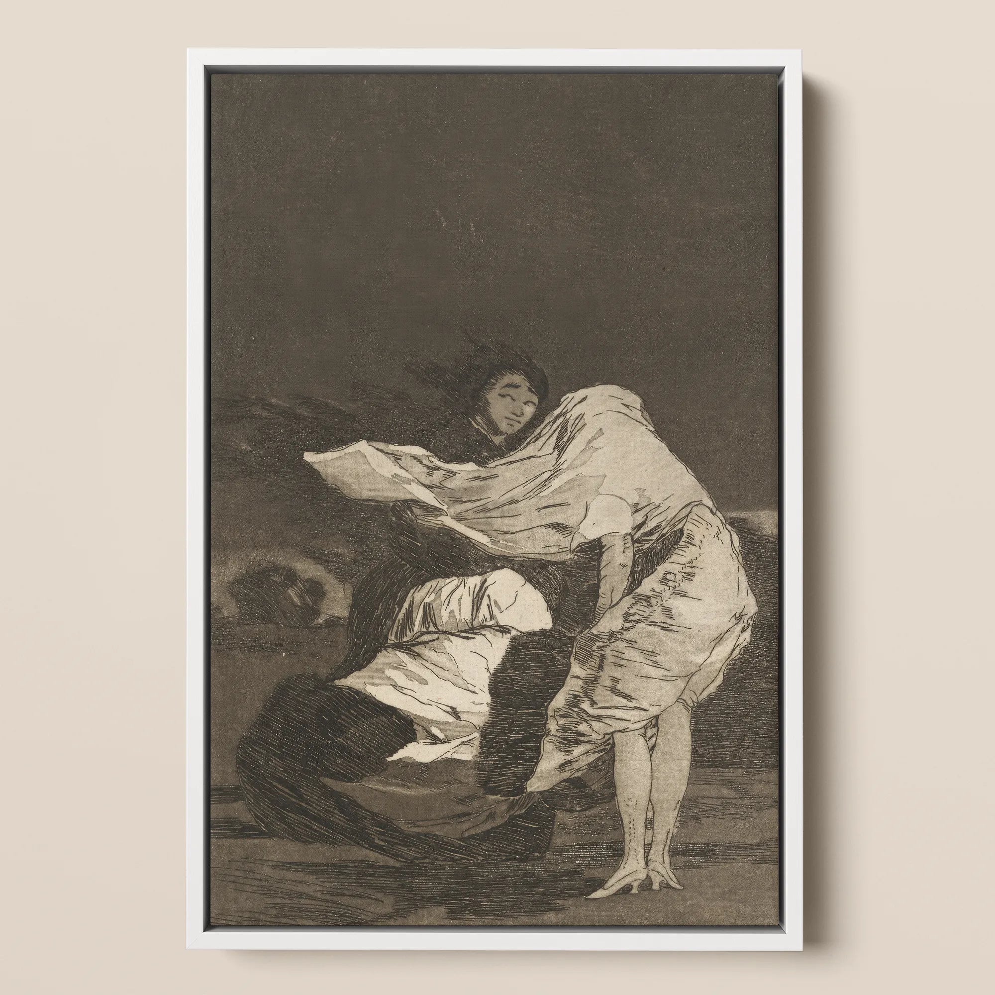 Mala Noche - Francisco De Goya Framed Canvas, 12x18’’ / 31x46cm / White Floating Frame, Framed Monochromatic Artwork Figures Motion