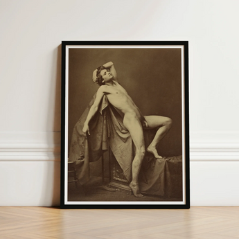 Male Figure in Repose - Gaudenzio Marconi Fine Art Print / Canvas Black-framed Sepia-toned Photographic Nude Posed, Thigh Curves, Sunlit