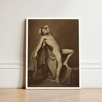 Male Figure in Repose - Gaudenzio Marconi Fine Art Print / Canvas Framed Sepia-toned Photographic Nude Posed, Thigh Curves, Sunlit Ruin