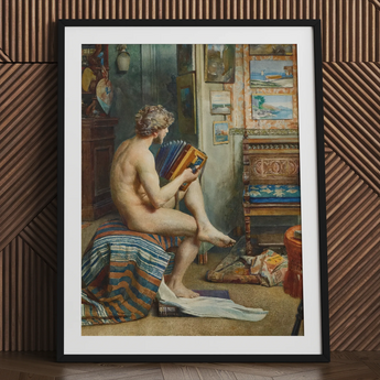 Nude man playing accordion art print in black frame.