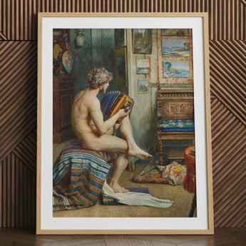 Male nude art print playing accordion, framed