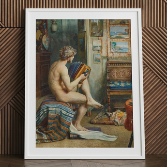 Nude man playing accordion art print, framed
