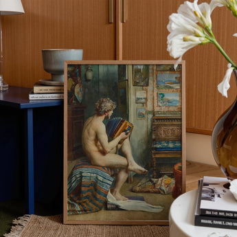 Male Nude with Accordion - Julien Renevier Art Print / Canvas Framed Art Print Nude Figure Seated Accordion Encased Renevier’s Male Nude,